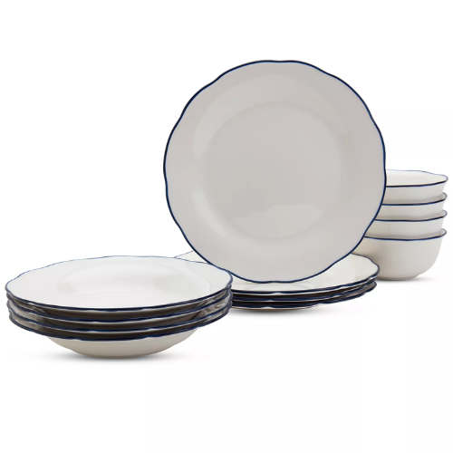 Haven Blue Rim Scalloped 12-Piece Dinnerware Set